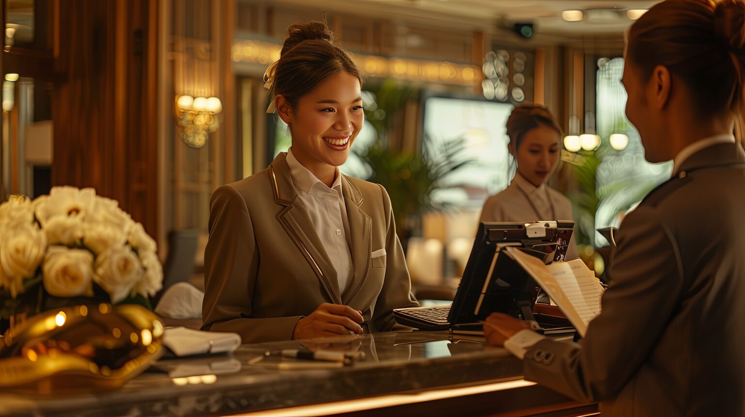 Hotel receptionist assisting guest checkin counter 1536x861