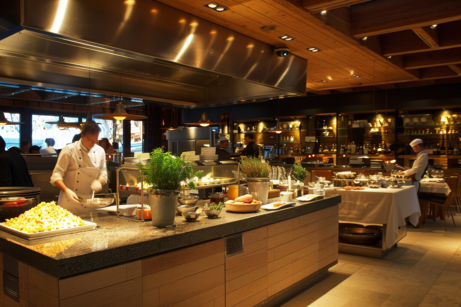 Professional chefs working modern wellequipped restaurant kitchen with warm ambiance 1536x1024