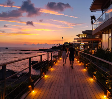 Two people are walking deck with ocean background 360x320